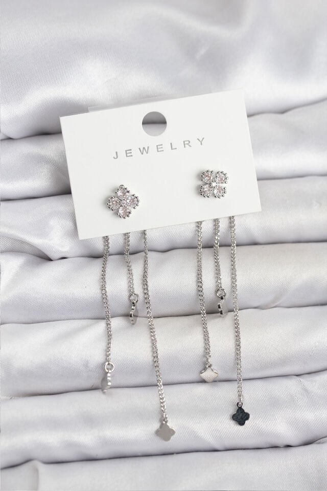 Pirinç Gümüş Renk Yonca Model Sallantılı Kadın Küpe