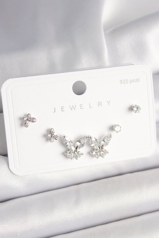 925 Ayar Gümüş Çivi Pirinç Zirkon Taşlı Kelebek Model Kadın Küpe Seti