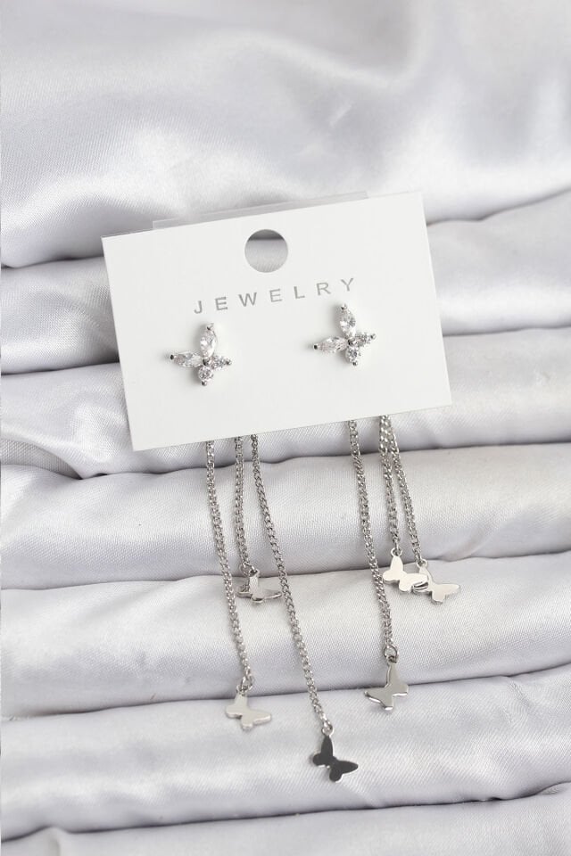 Kelebek Model Gümüş Renk Pirinç Sallantılı Kadın Küpe