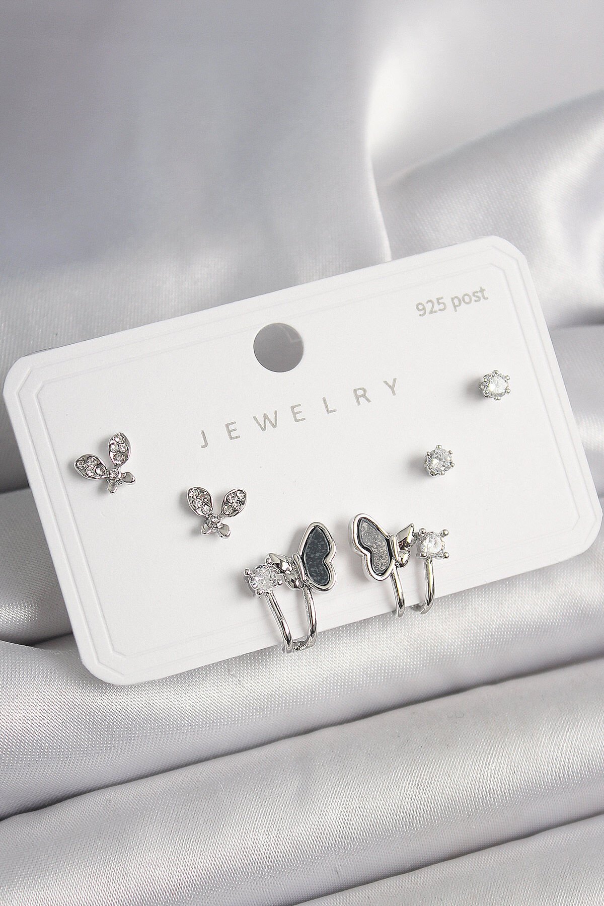 925 Ayar Gümüş Çivi Pirinç Gümüş Renk Zirkon Taşlı Kelebek Model Kadın Küpe Seti