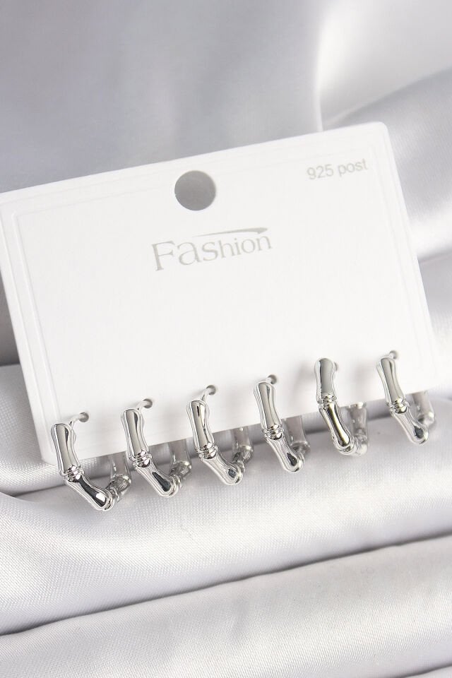 925 Ayar Gümüş Çivi Pirinç Gümüş Renk Bambu Halka Model Kadın Küpe Seti