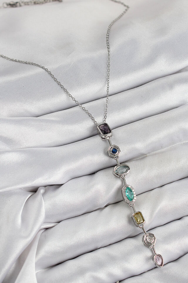 Pirinç Renkli Zirkon Taşlı Model Gümüş Renk 7 Element Kadın Y Kolye