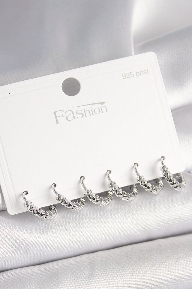 925 Ayar Gümüş Çivi Pirinç Gümüş Renk Kalp İşlemeli Halka Model Kadın Küpe Seti