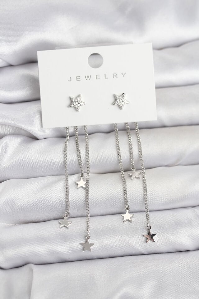 Yıldız Model Gümüş Renk Pirinç Sallantılı Kadın Küpe