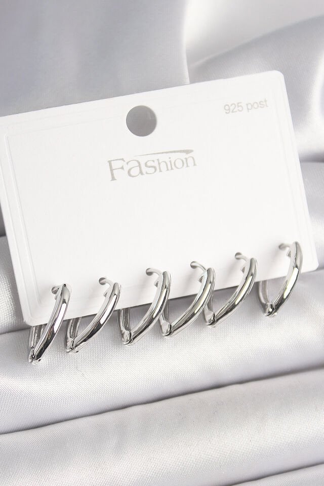 925 Ayar Gümüş Çivi Pirinç Gümüş Renk Üçgen Model Kadın Küpe Seti