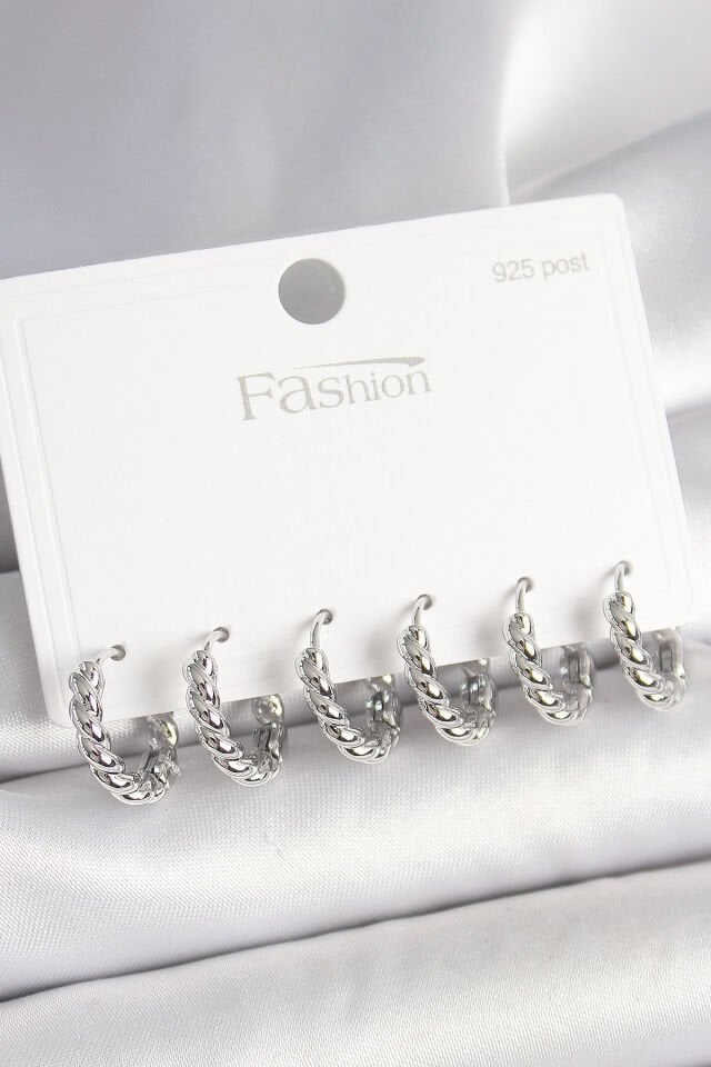 925 Ayar Gümüş Çivi Pirinç Gümüş Renk Sarmal Halka Model Kadın Küpe Seti