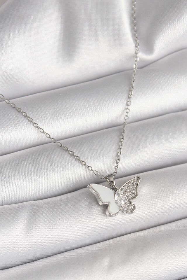 316L Çelik Gümüş Renk Zincir Zirkon Taşlı Beyaz Mineli Kelebek Model Kadın Kolye