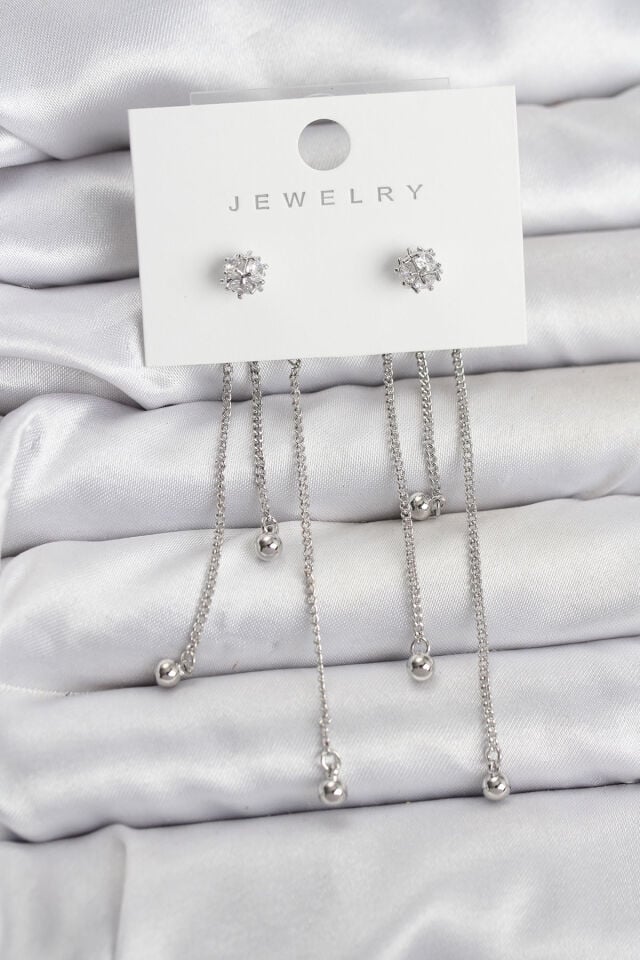 Topçuk Model Gümüş Renk Pirinç Sallantılı Kadın Küpe Seti