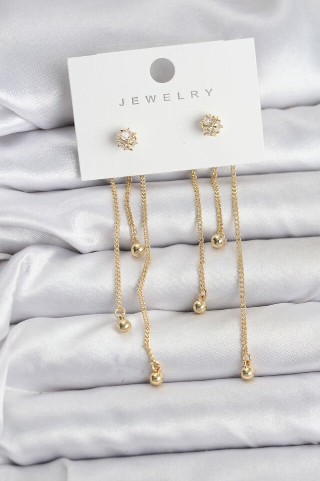 Topçuk Model Gold Renk Pirinç Sallantılı Kadın Küpe Seti