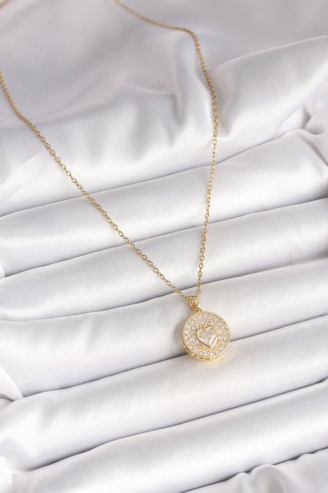 316L Çelik Gold Renk Zincir Madalyon Zirkon Taşlı Kalp Model Kadın Kolye