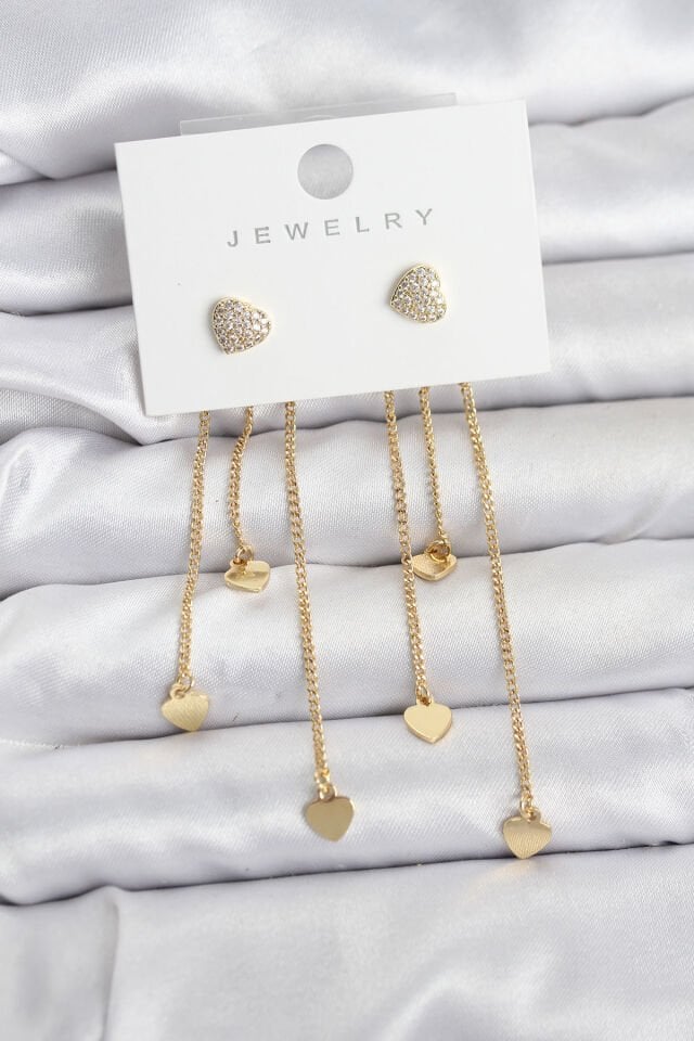 Kalp Model Gold Renk Pirinç Sallantılı Kadın Küpe