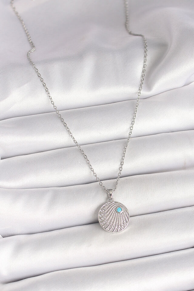 316L Çelik Gümüş Renk Zincir Zirkon Taşlı Mavi Taş Detaylı Madalyon Model Kadın Kolye