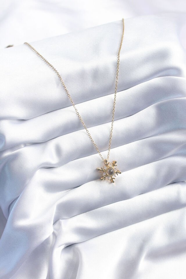 316L Çelik Gold Renk Zirkon Taşlı Kar Tanesi Projeksiyon Model Kadın Kolye