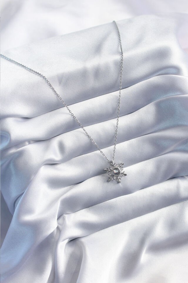 316L Çelik Gold Renk Zirkon Taşlı Kar Tanesi Projeksiyon Model Kadın Kolye