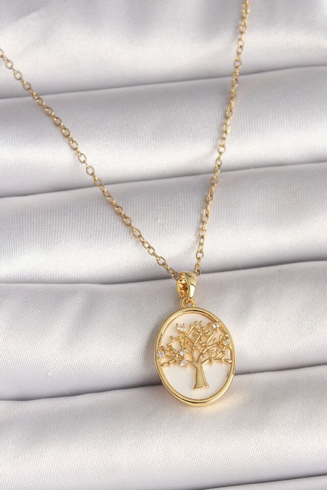 316L Çelik Gold Renk Zincir Zirkon Taş Detaylı Beyaz Mineli Ağaç İşlemeli Portre Model Kadın Kolye