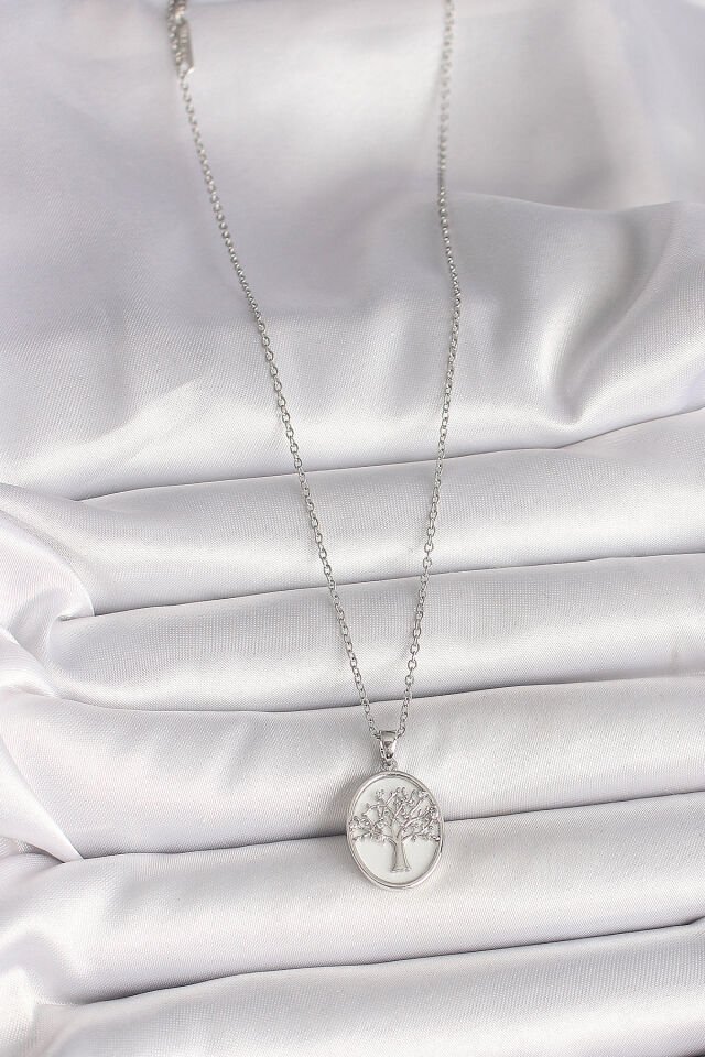 316L Çelik Gümüş Renk Zincir Zirkon Taş İşlemeli Beyaz Mineli Ağaç İşlemeli Portre Model Kadın Kolye