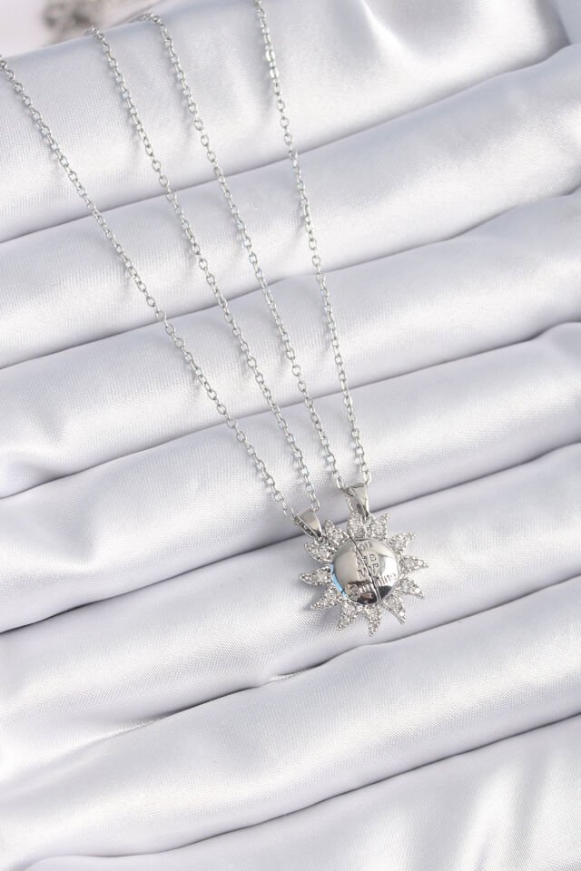 316L Çelik Gümüş Renk Zirkon Taşlı Güneş Model İşleme Yazı Detay Arkadaşlık Kolyesi