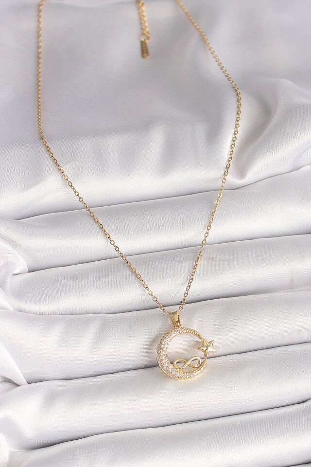 316L Çelik Gold Renk Zincir Zirkon Taşlı Ay Yıldız Model Sonsuzluk Detay Kadın Kolye