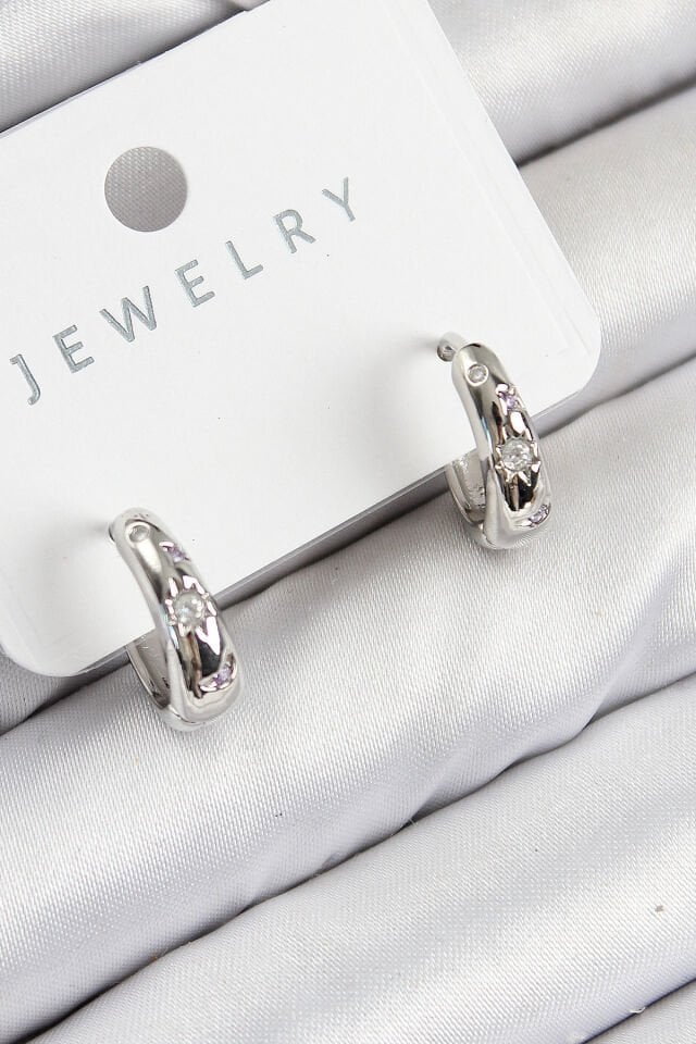 Pirinç Zirkon Taşlı Halka Model Gümüş Renk Kadın Küpe