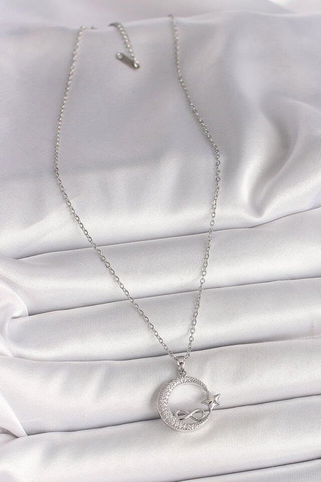 316L Çelik Gümüş Renk Zincir Zirkon Taşlı Ay Yıldız Model Sonsuzluk Detay Kadın Kolye