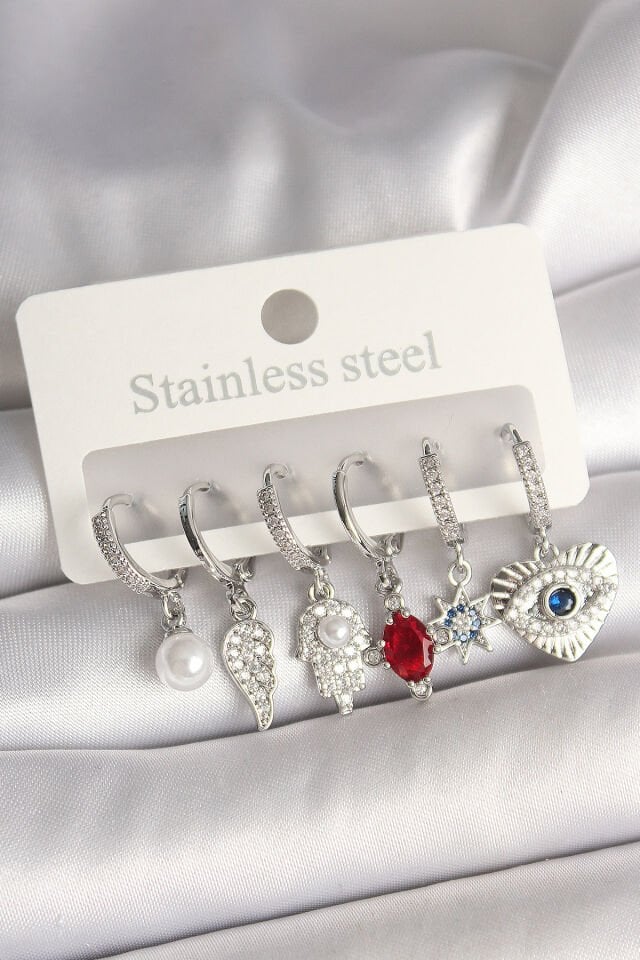 Pirinç Gümüş Renk Zirkon Taşlı Fatma Ana El Figür Kadın Küpe Seti