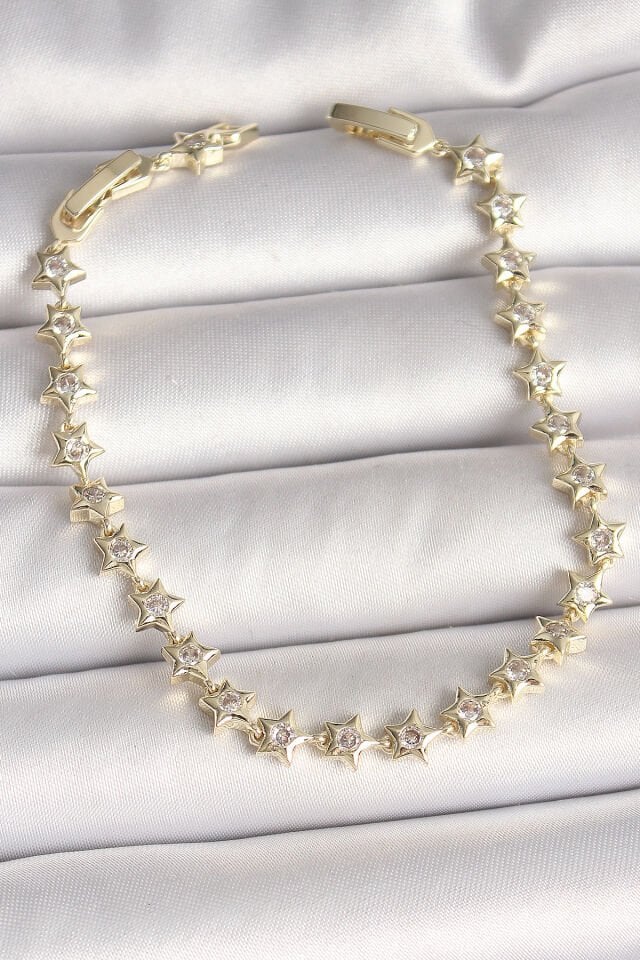 Pirinç Gold Renk Zirkon Taşlı Yıldız Model VIP Seri Kadın Bileklik