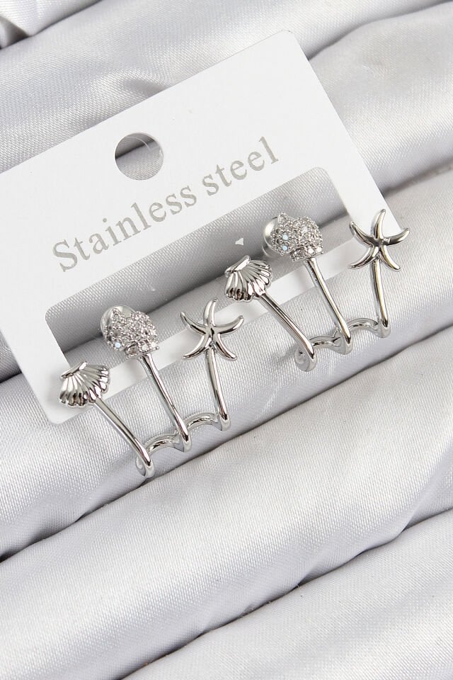 Pirinç Zirkon Taşlı Deniz Yıldızı ve İstiridye Model Gümüş Renk Kadın Küpe