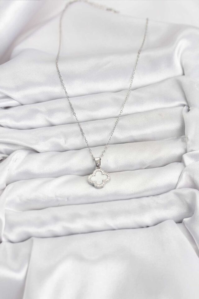 316L Çelik Zincir Gümüş Renk Sedefli Yonca Kadın Kolye