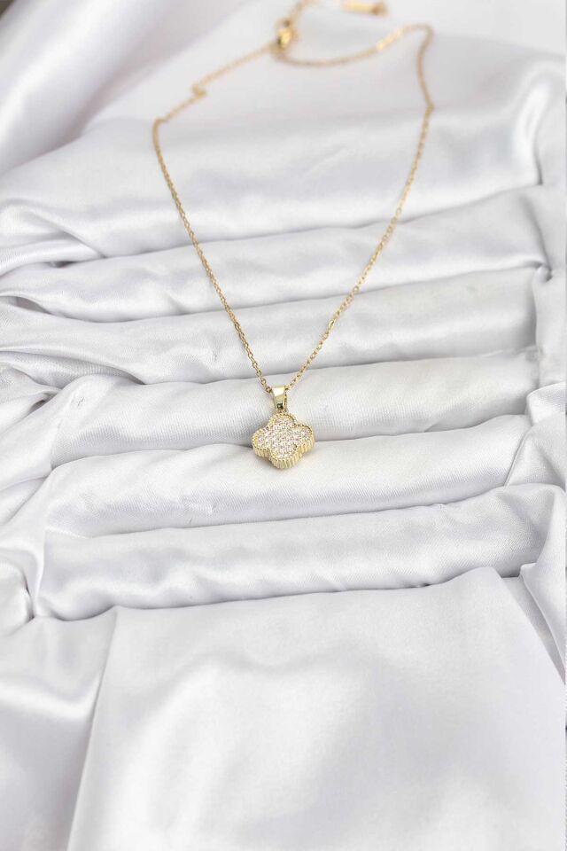 316L Çelik Zincir Gold Renk Zirkon Taşlı Yonca Model Kadın Kolye