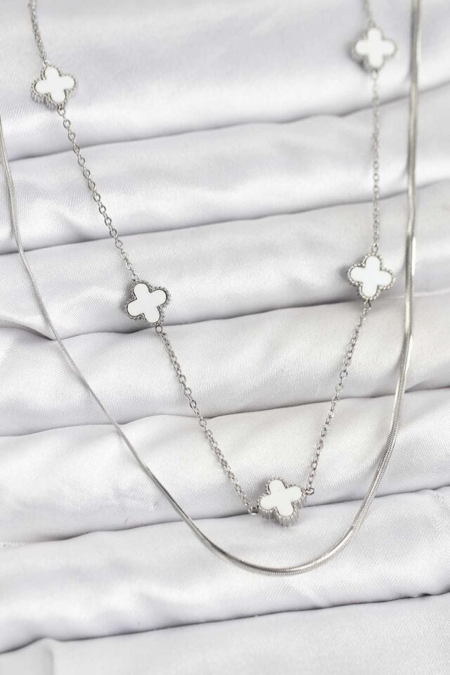 316L Çelik Zincir Gümüş Renk İtalyan Zincirli Yonca Model Kadın Kolye