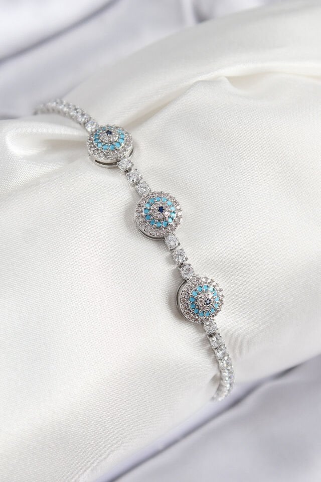 Pirinç Zirkon Taşlı Nazar Model Gümüş Renk Kadın Bileklik