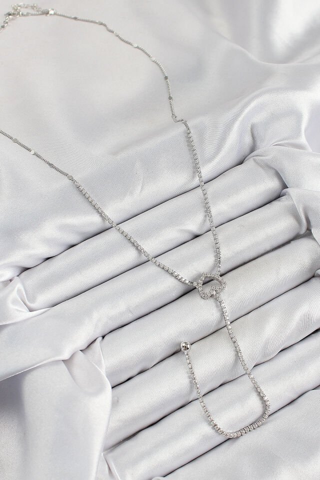 Pirinç Zirkon Taşlı Kalp Model Gümüş Renk  Y Kolye