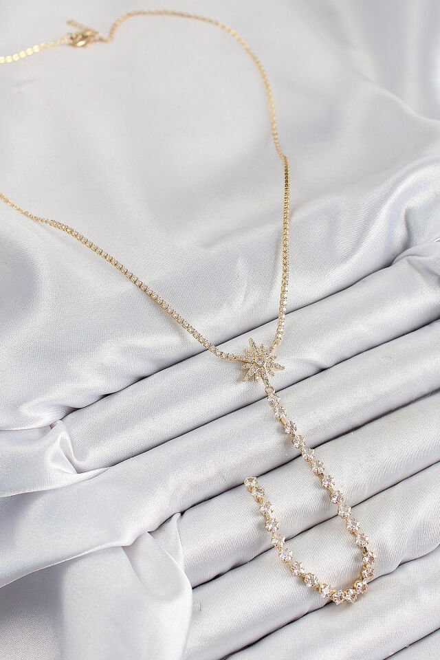 Pirinç Zirkon Taşlı Kutup Yıldızı Model Gümüş Renk Y Kolye