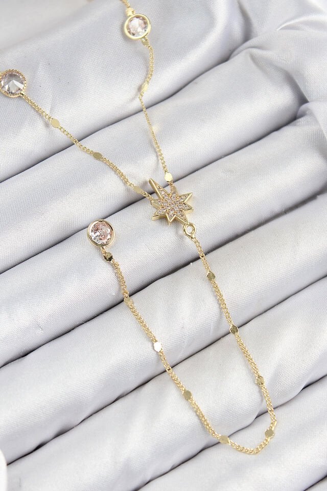 Pirinç Zirkon Taşlı Kutup Yıldızı Model Gold Renk Y Kolye