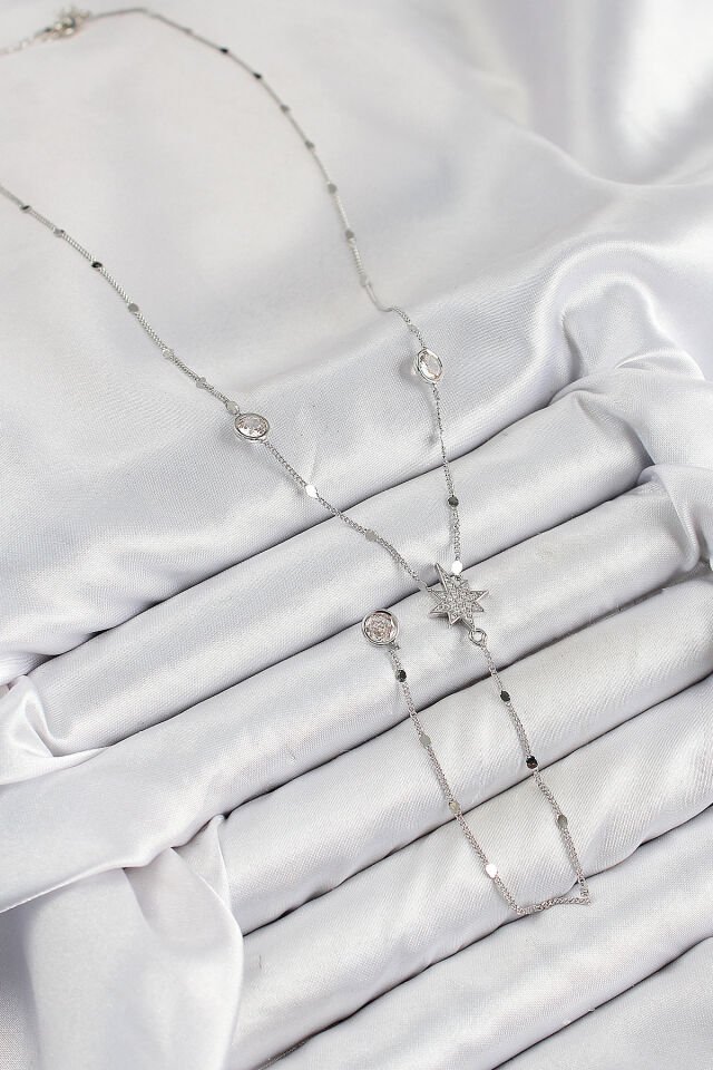 Pirinç Zirkon Taşlı Kutup Yıldızı Model Gümüş Renk Y Kolye