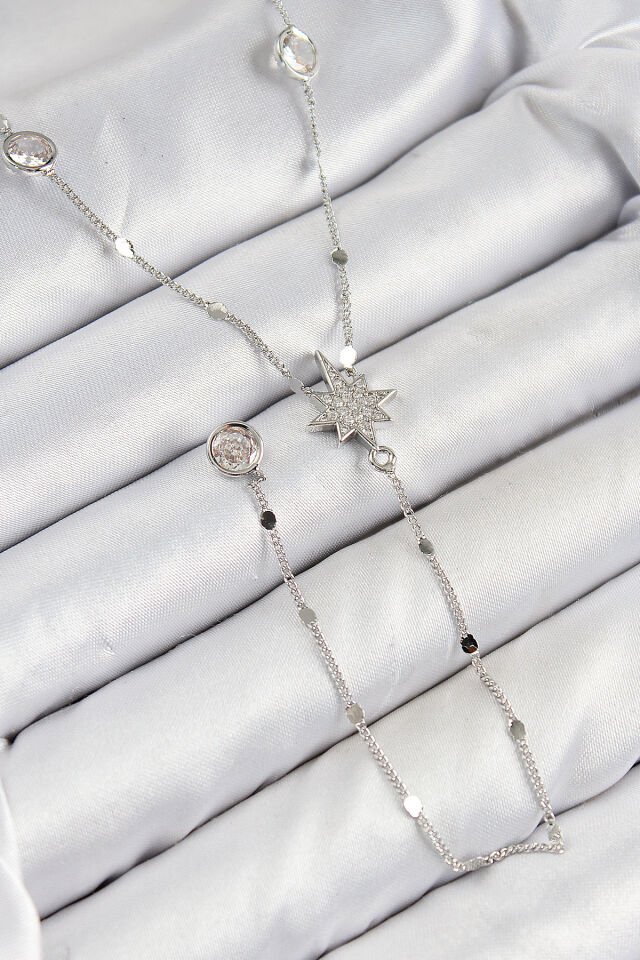 Pirinç Zirkon Taşlı Kutup Yıldızı Model Gümüş Renk Y Kolye