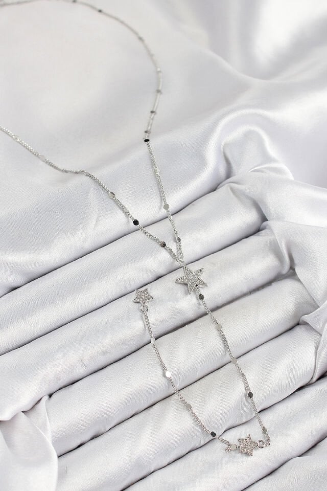 Pirinç Zirkon Taşlı Yıldız Model Gümüş Renk Y Kolye