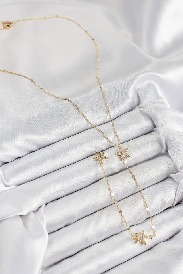 Pirinç Zirkon Taşlı Yıldız Model Gold Renk Y Kolye