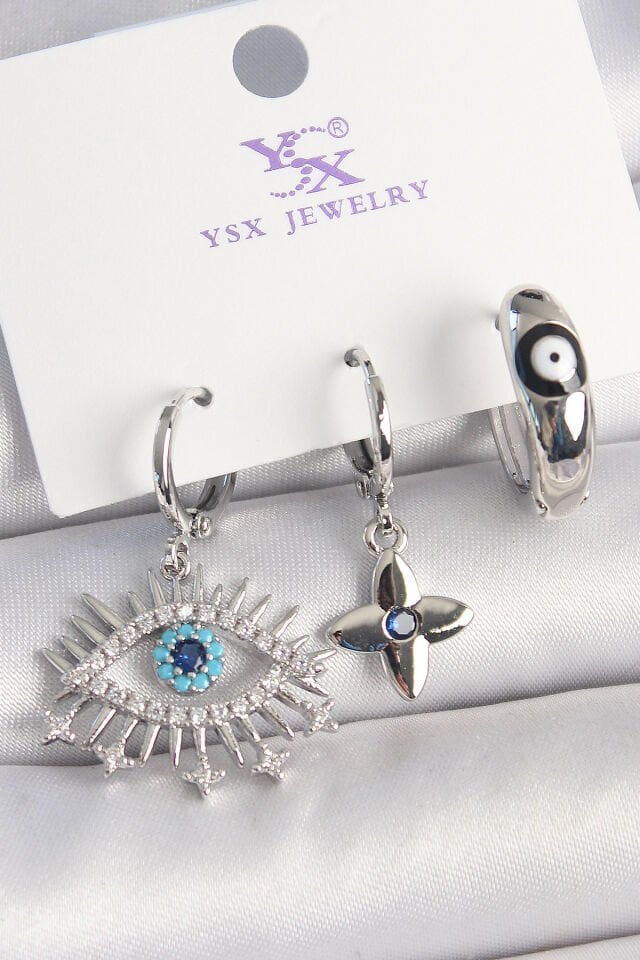 Pirinç Gümüş Renk Zirkon Taşlı Göz Model Nazar Boncuk Detay 3'Lü Kadın Kombin Küpe