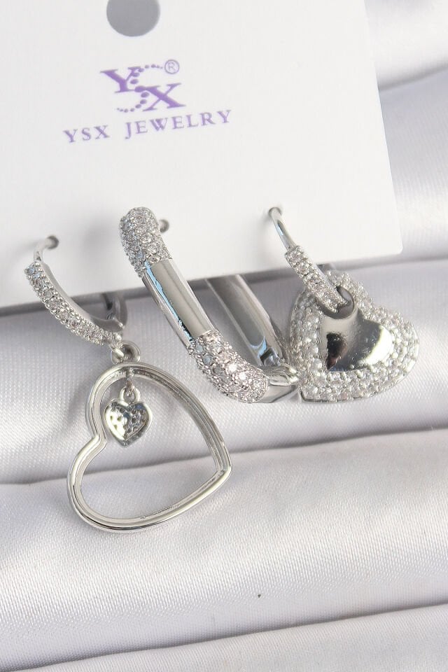 Pirinç Gümüş Renk Sallantı Zirkon Taşlı Kalp Model 3'Lü Kadın Kombin Küpe