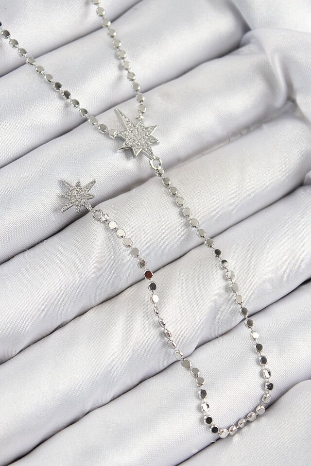 Pirinç Zirkon Taşlı Ezme Zincirli Kutup Yıldızı Model Gümüş Renk Y Kolye