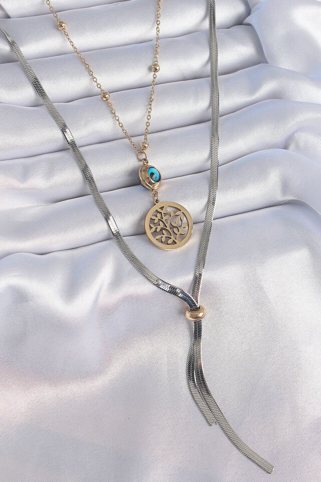 316L Çelik Mix Renk Filiz Figür Nazar Boncuk Detay Uzun Kadın Kolye