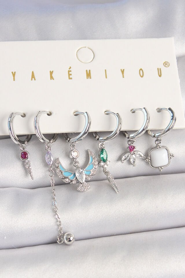 Pirinç Gümüş Renk Zirkon Taşlı Kuş Figür Çiçek Detay 6'Lı Kadın Kombin Küpe