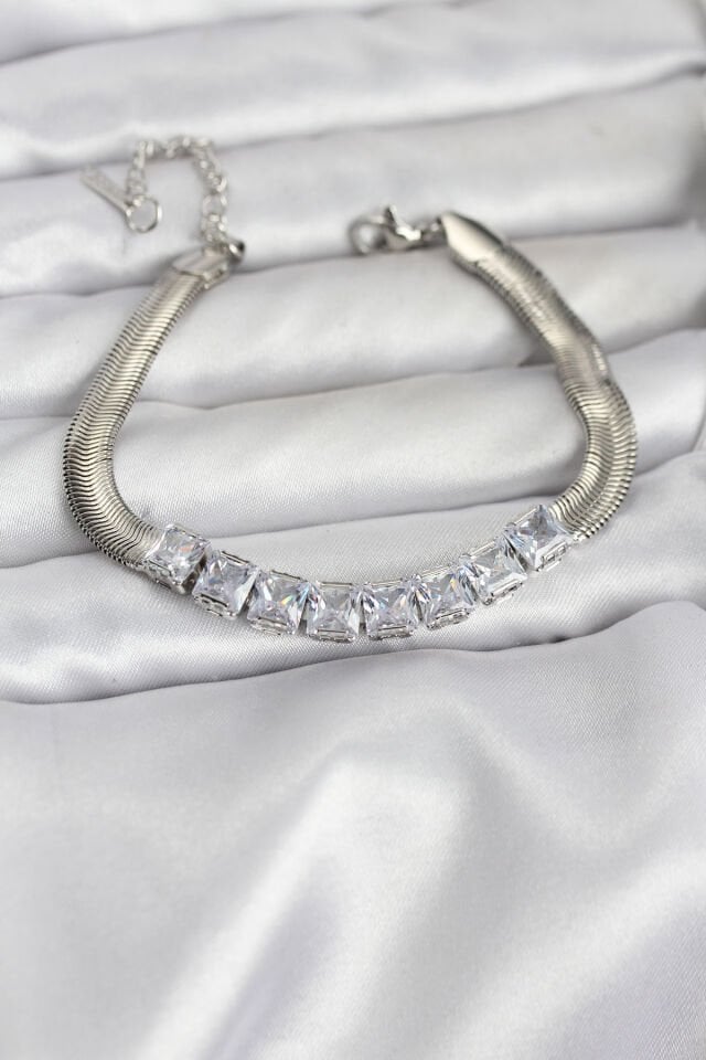 316L Çelik Gümüş Renk Kare Zirkon Taşlı Yılan Zincirli Kadın Bileklik