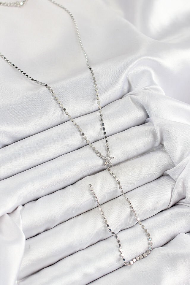 Pirinç Zirkon Taşlı Ezme Zincirli Deniz Yıldızı Model Gümüş Renk Y Kolye