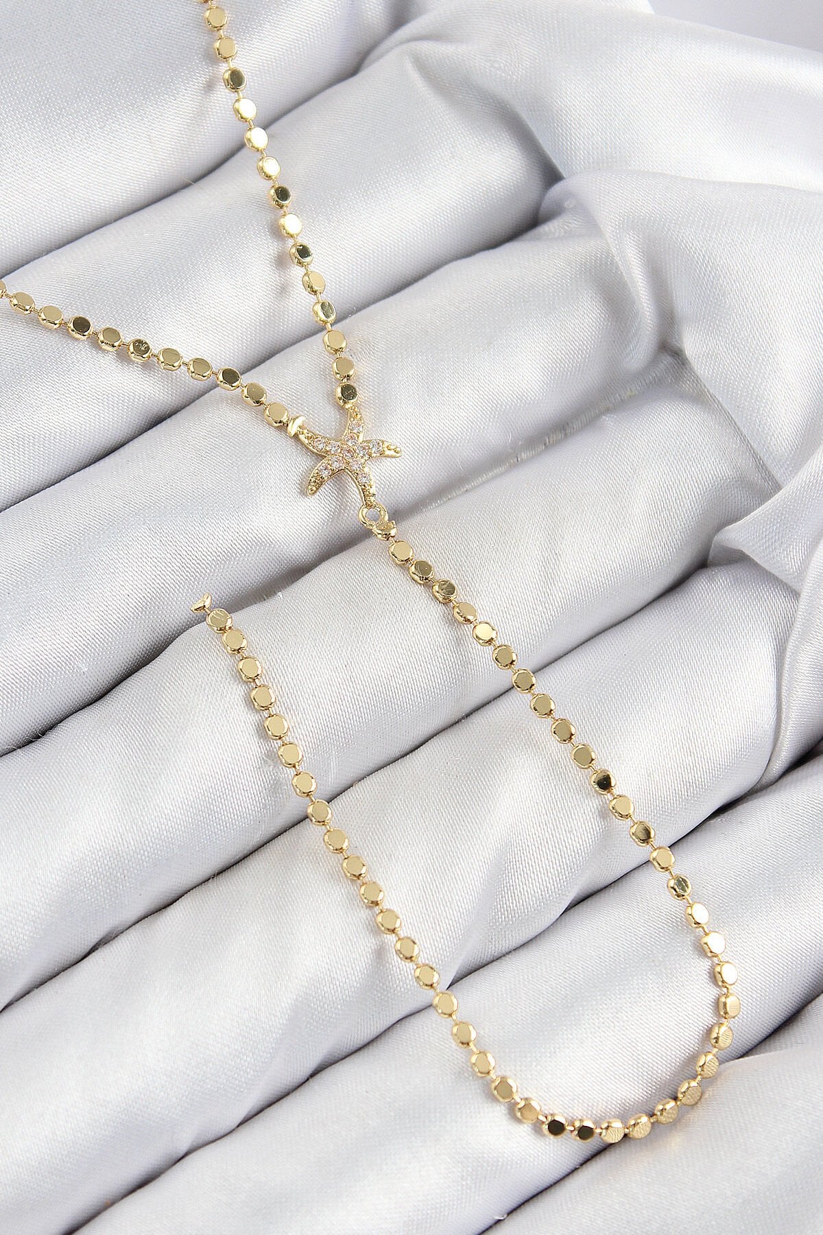 Pirinç Zirkon Taşlı Ezme Zincirli Deniz Yıldızı Model Gold Renk Y Kolye