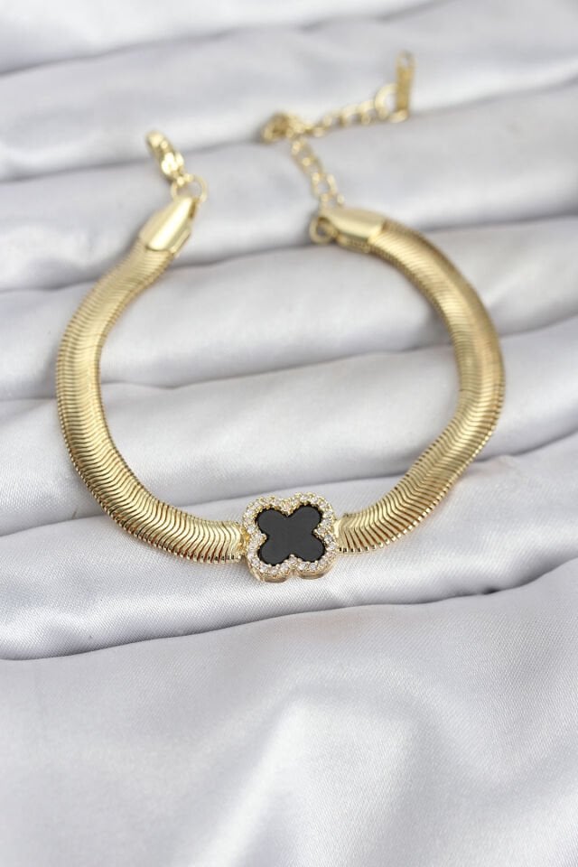316L Çelik Gold Renk Siyah Yonca Model Zirkon Taşlı Yılan Zincirli Kadın Bileklik