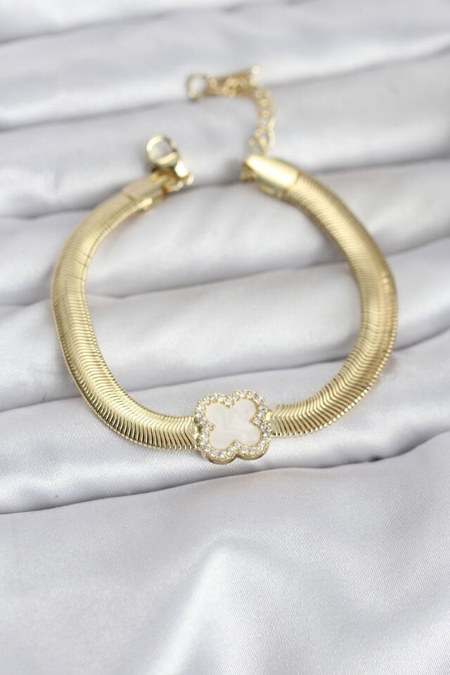 316L Çelik Gold Renk Beyaz Yonca Model Zirkon Taşlı Yılan Zincirli Kadın Bileklik