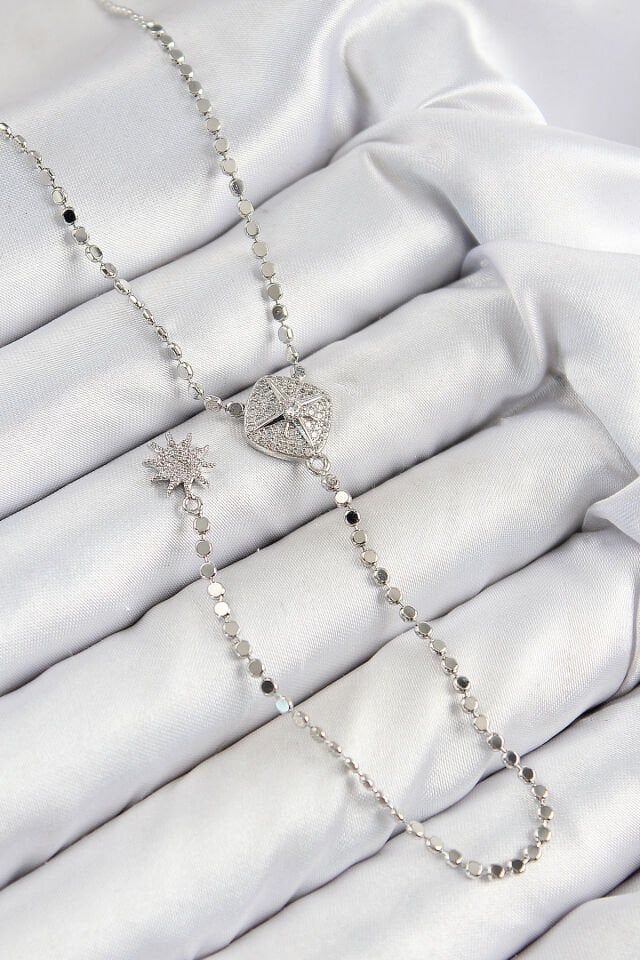 Pirinç Zirkon Taşlı Ezme Zincirli Madalyon Model Gümüş Renk Y Kolye