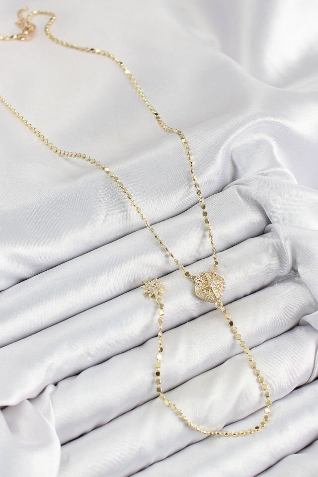 Pirinç Zirkon Taşlı Ezme Zincirli Madalyon Model Gold Renk Y Kolye